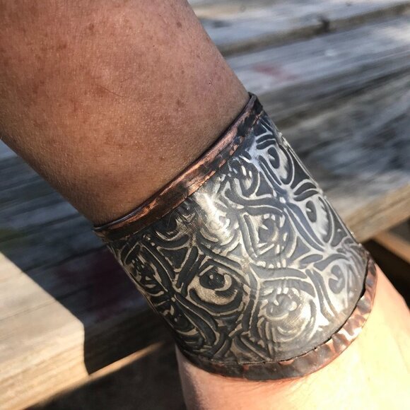 Peacock Embossed Sterling Silver 925 Copper Cuff Wide Rustic Handmade Gladiator - Picture 2 of 8